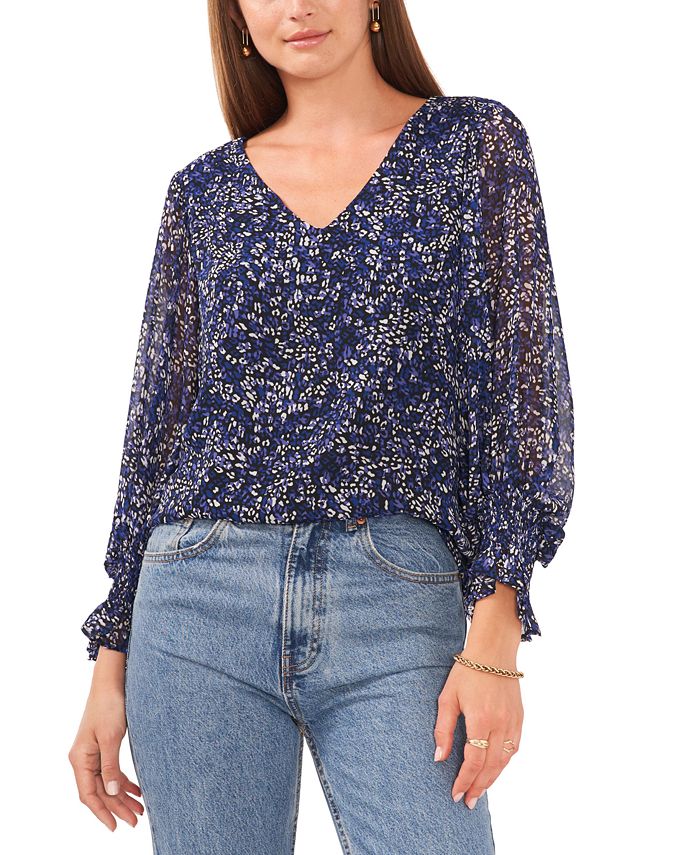 Vince Camuto Women's Animal Print Balloon Sleeve Blouse Blue