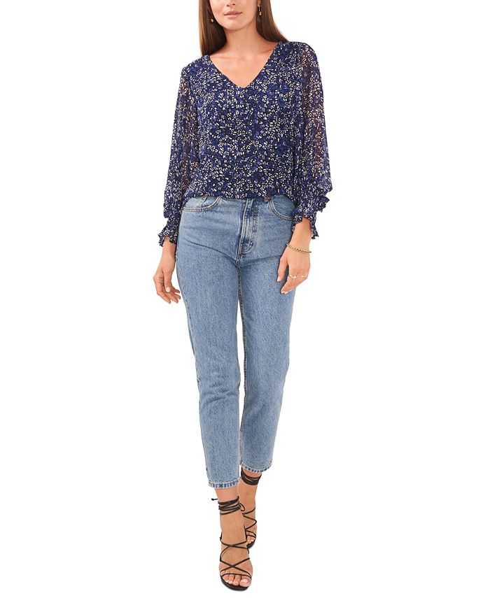 Vince Camuto Women's Animal Print Balloon Sleeve Blouse Blue