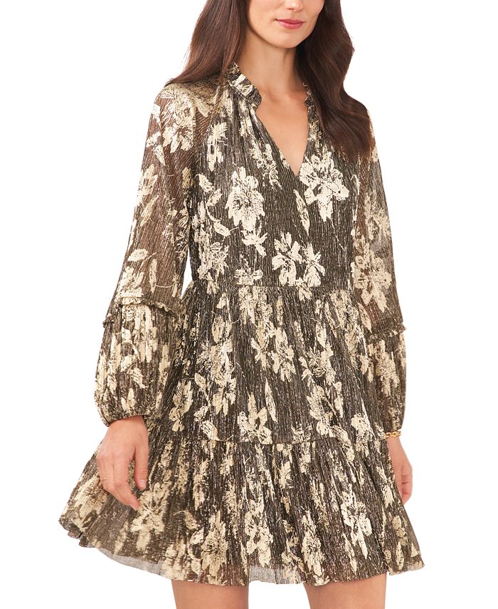 Vince Camuto Women's Floral Print Split Neck Ruffed Dress Gray Size Medium