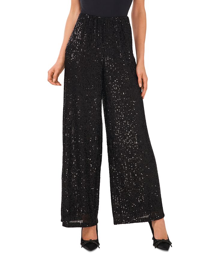 CeCe Women's Pull On Elastic Waist Wide Leg Sequin Pants Black Size X-Large