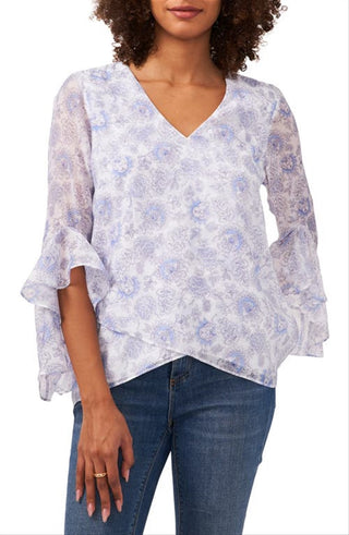 Vince Camuto Women's Floral Print Flutter Sleeve Blouse White Size X-Large