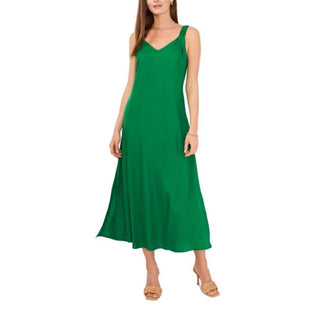 Vince Camuto Women's Slitted V Neck Tea Length Evening Shift Dress Green Size X-Small