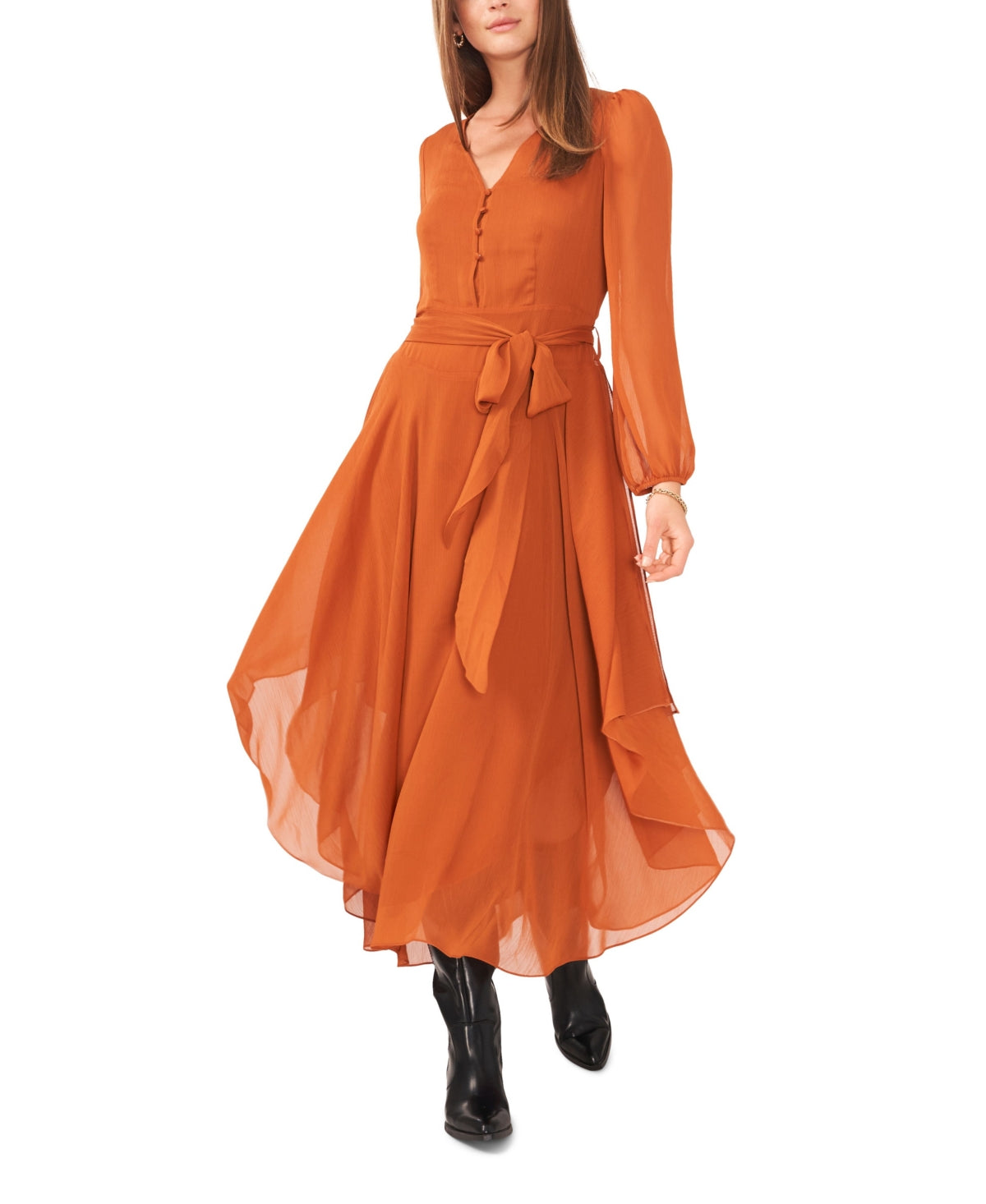 Vince Camuto Women's Long Sleeve Handkerchief Hem Maxi Dress Brown