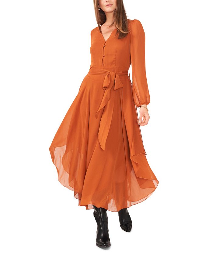 Vince Camuto Women's Long Sleeve Handkerchief Hem Maxi Dress Brown
