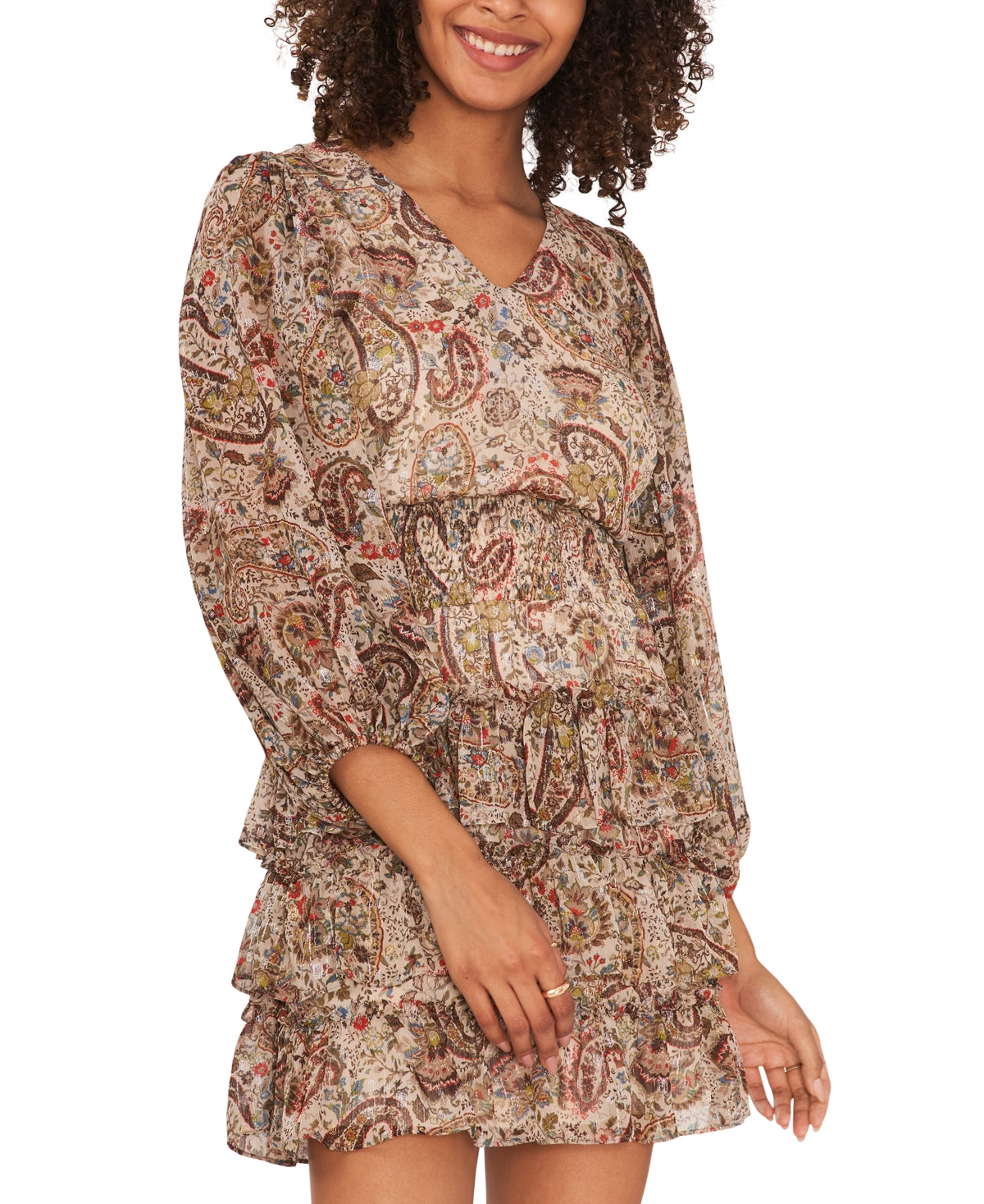 Vince Camuto Women's Smocked Waist Tiered Dress Brown Size X-Small