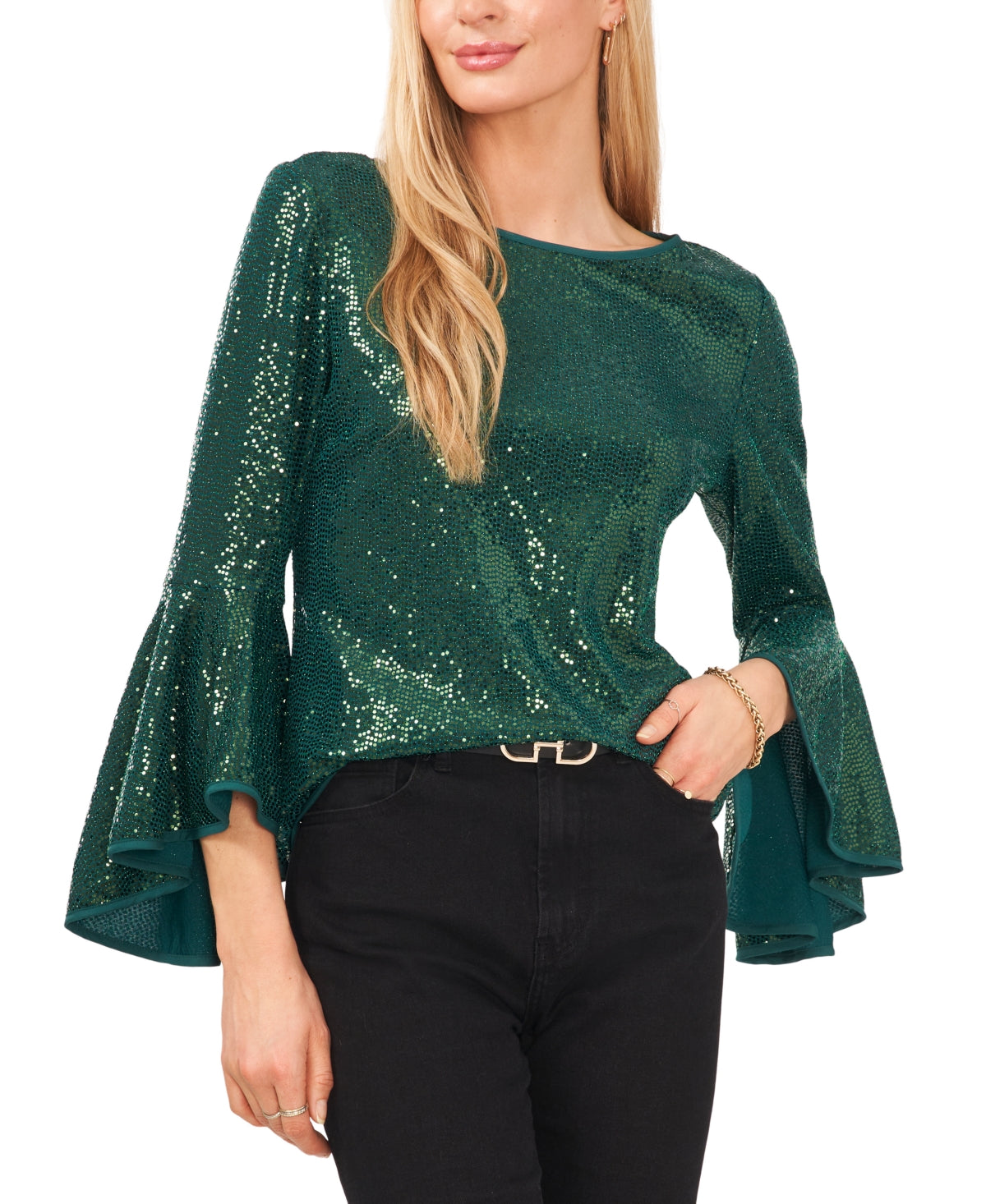 Vince Camuto Women's Sequin Bell Sleeve Top Green Size Medium