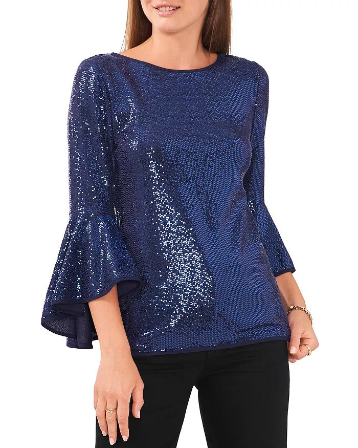 Vince Camuto Women's Sequin Bell Sleeve Top Blue Size XL