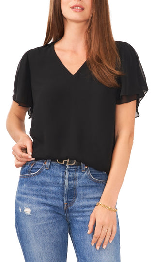 Vince Camuto Women's V Neck Tulip Sleeve Blouse Black Size Small