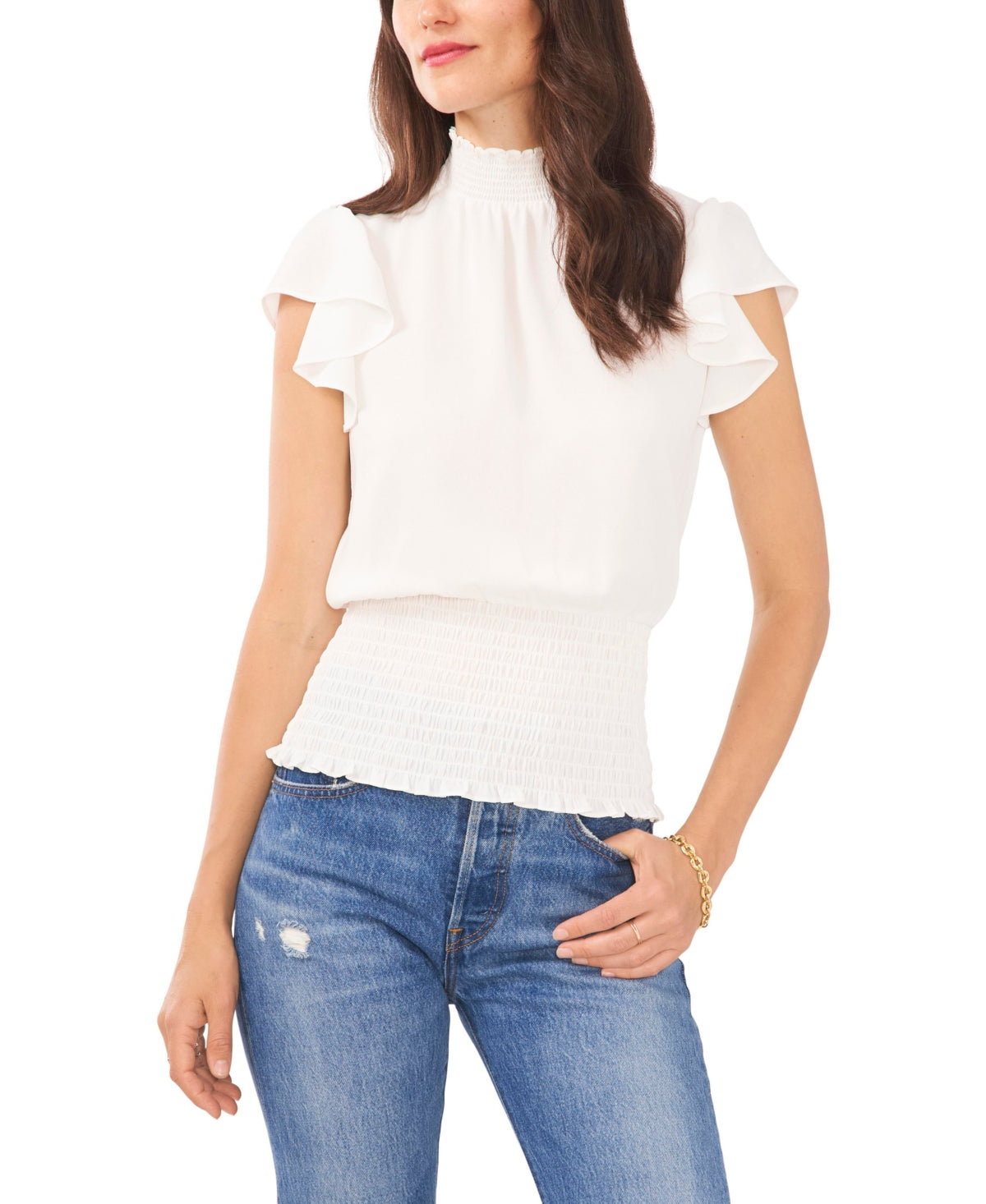 1.STATE Women's Flutter Sleeve Smocked Blouse White