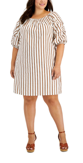 Vince Camuto Women's Striped Bubble Sleeve Dress Brown Size 2X