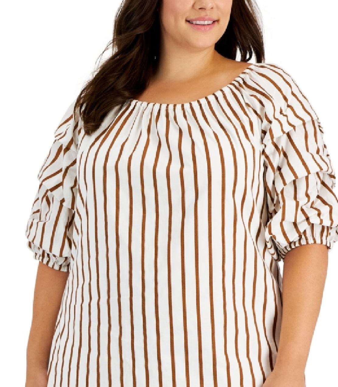 Vince Camuto Women's Striped Bubble Sleeve Dress Brown Size 2X