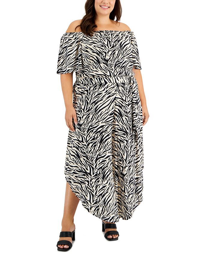 Vince Camuto Women's Animal Print Off The Shoulder Jumpsuit Gray Size 3X