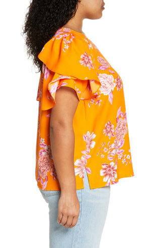 Vince Camuto Women's Rio Gardens Flutter Sleeve Blouse Orange Size 1X