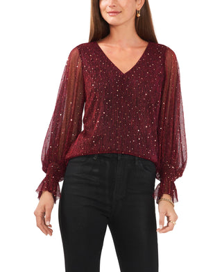 Vince Camuto Womens Shimmer Dot V Neck Blouse Red Size Medium