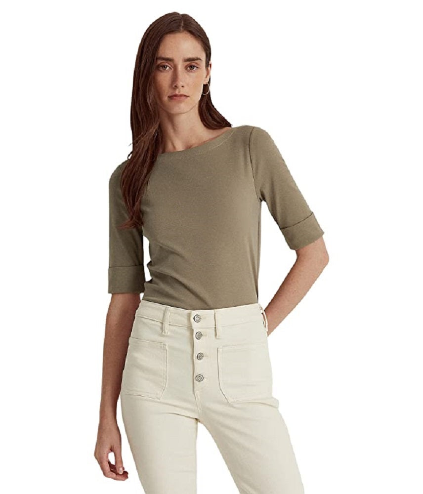 Ralph Lauren Women's Stretch Cotton Boatneck Top Green Size X-Large