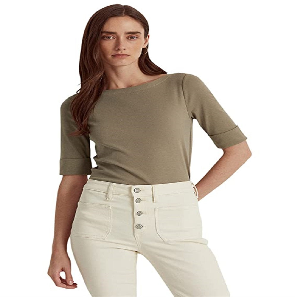 Ralph Lauren Women's Stretch Cotton Boatneck Top Green Size X-Small