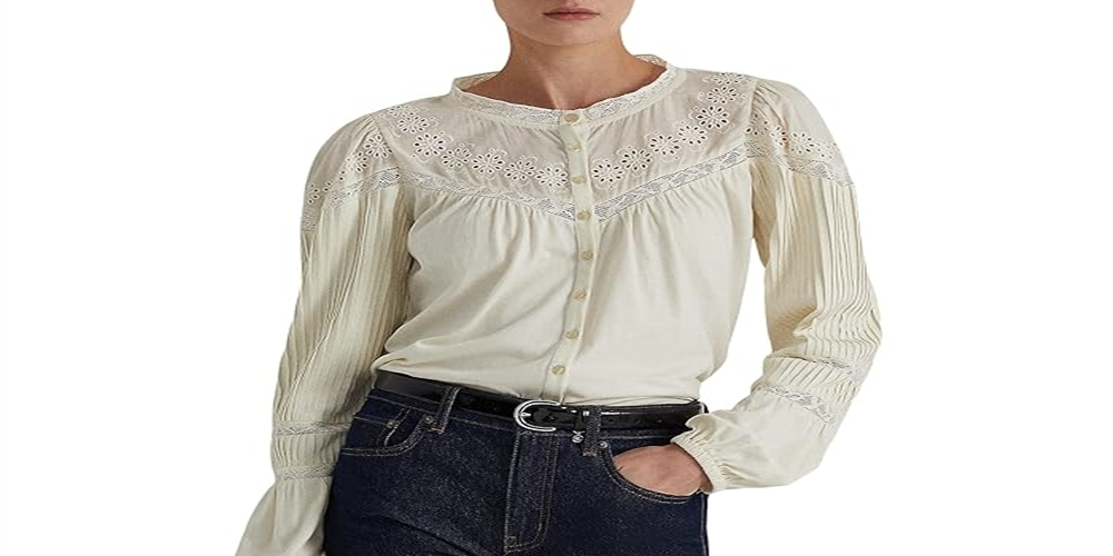 Ralph Lauren Women's Eyelet Embroidered Cotton Blend Top White Size Large
