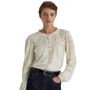 Ralph Lauren Women's Eyelet Embroidered Cotton Blend Top White Size Medium