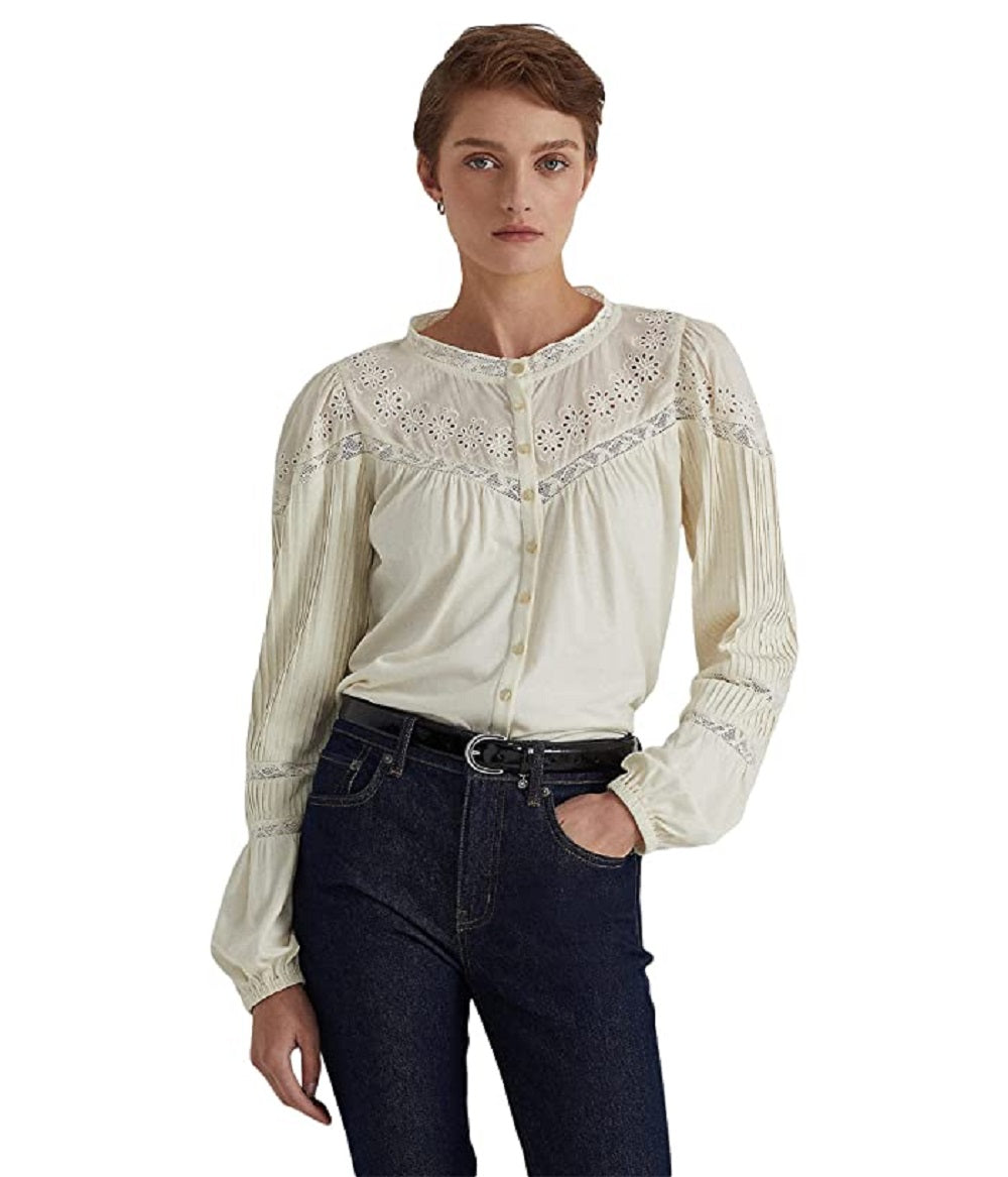Ralph Lauren Women's Eyelet Embroidered Cotton Blend Top White Size X-Large