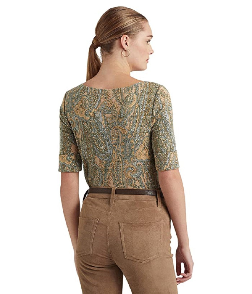 Ralph Lauren Women's Paisley Stretch Cotton Boatneck Tee Green Size Medium