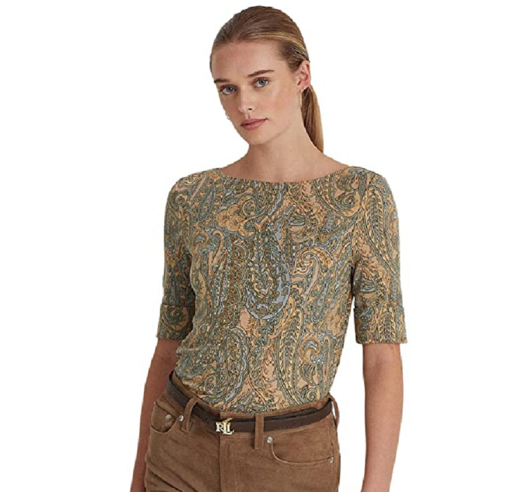 Ralph Lauren Women's Paisley Stretch Cotton Boatneck Tee Green Size Medium