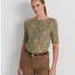 Ralph Lauren Women's Paisley Stretch Cotton Boatneck Tee Brown Size X-Large