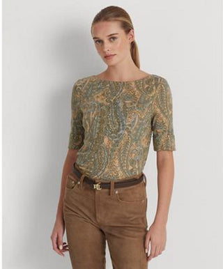 Ralph Lauren Women's Paisley Stretch Cotton Boatneck Tee Brown Size X-Large