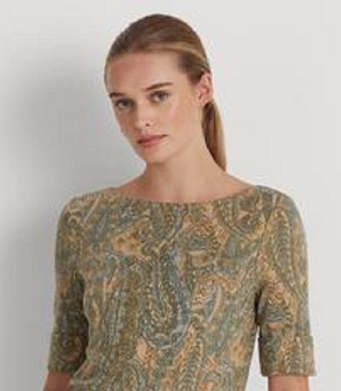 Ralph Lauren Women's Paisley Stretch Cotton Boatneck Tee Brown Size X-Large