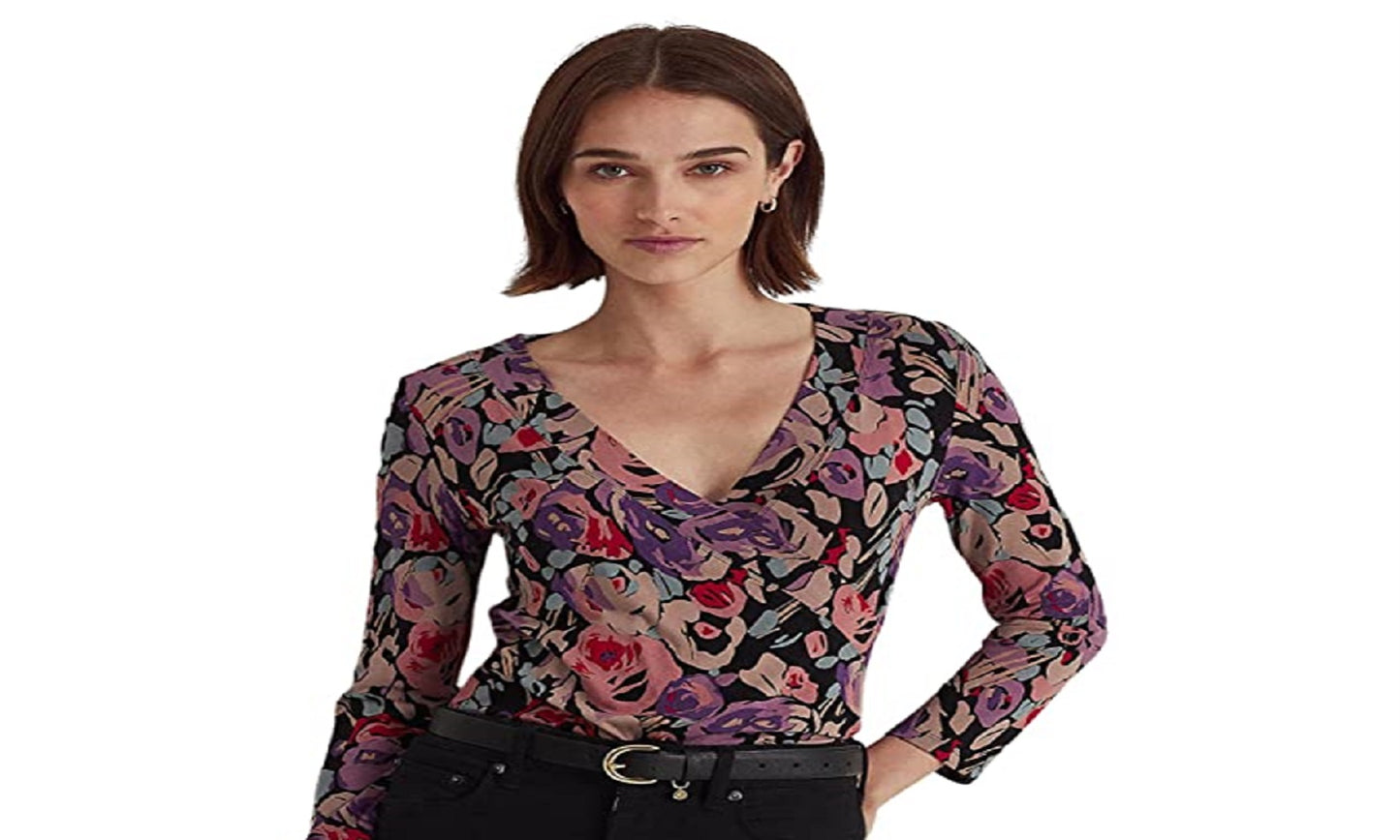 Ralph Lauren Women's Floral Surplice Jersey Top Black Size X-Large