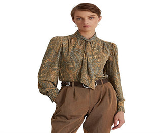 Ralph Lauren Women's Paisley Tie Neck Jersey Top Green Size X-Large