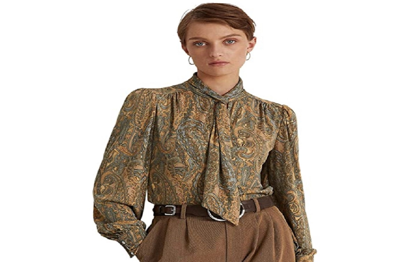 Ralph Lauren Women's Paisley Tie Neck Jersey Top Green Size X-Large