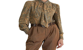 Ralph Lauren Women's Paisley Tie Neck Jersey Top Green Size X-Large