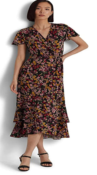 Ralph Lauren Women's Floral Jersey Wrap Dress Black Size X-Large