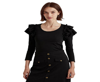 Ralph Lauren Women's Ruffle Trim Stretch Cotton Top Black Size X-Large