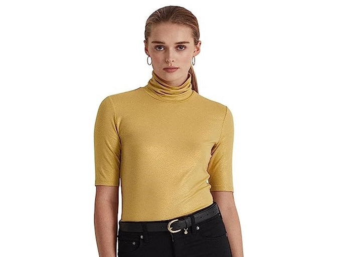 Ralph Lauren Women's Metallic Stretch Jersey Turtleneck Yellow Size Large