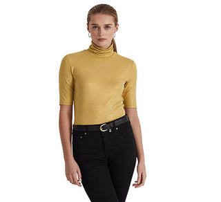 Ralph Lauren Women's Metallic Stretch Jersey Turtleneck Yellow Size Small