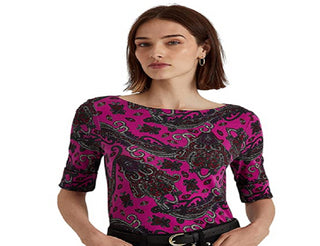Ralph Lauren Women's Paisley Stretch Cotton Tee Pink Size Large