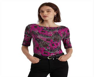 Ralph Lauren Women's Paisley Stretch Cotton Tee Pink Size X-Large