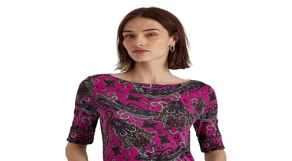 Ralph Lauren Women's Paisley Stretch Cotton Tee Pink Size X-Large