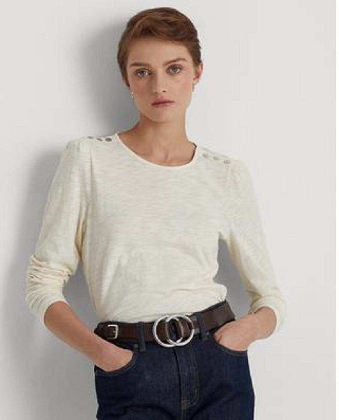 Ralph Lauren Women's Puff Sleeve Slub Jersey Top White Size Small