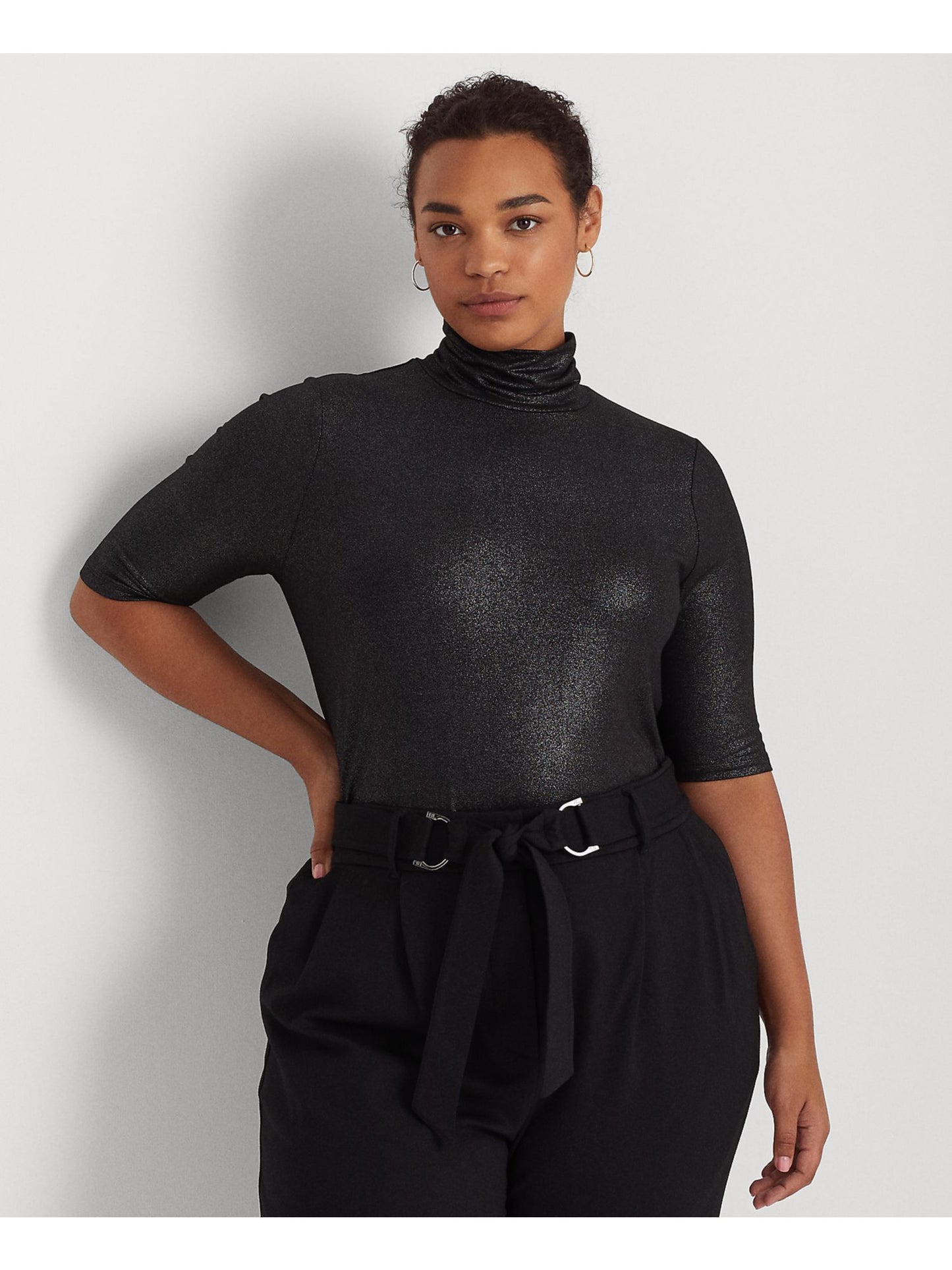 Ralph Lauren Women's Jersey Metallic Elbow Sleeve Turtle Neck Top Black Size 3X