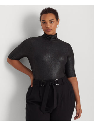 Ralph Lauren Women's Jersey Metallic Elbow Sleeve Turtle Neck Top Black Size 3X