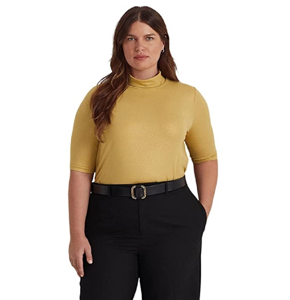 Ralph Lauren Women's Metallic Stretch Jersey Turtleneck Yellow Size 1X