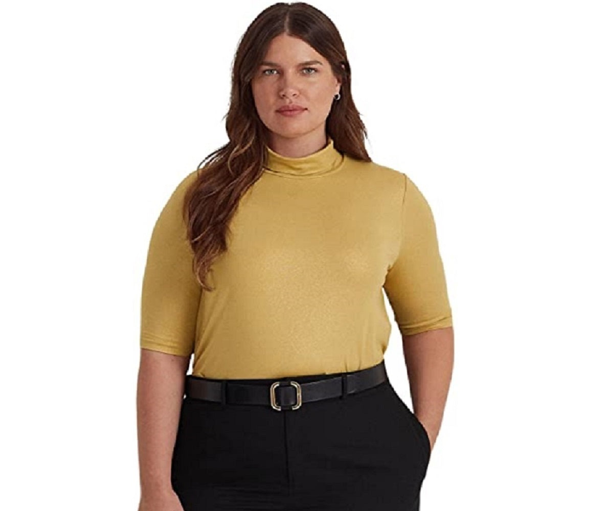 Ralph Lauren Women's Metallic Stretch Jersey Turtleneck Yellow Size 1X