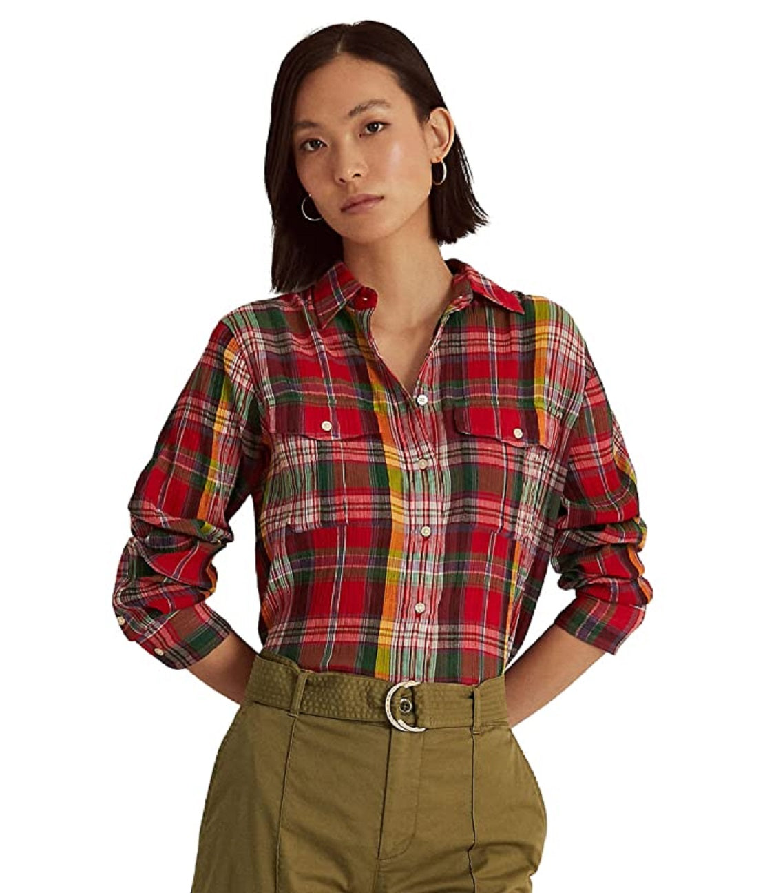 Ralph Lauren Women's Plaid Crinkle Cotton Shirt Red Size Large