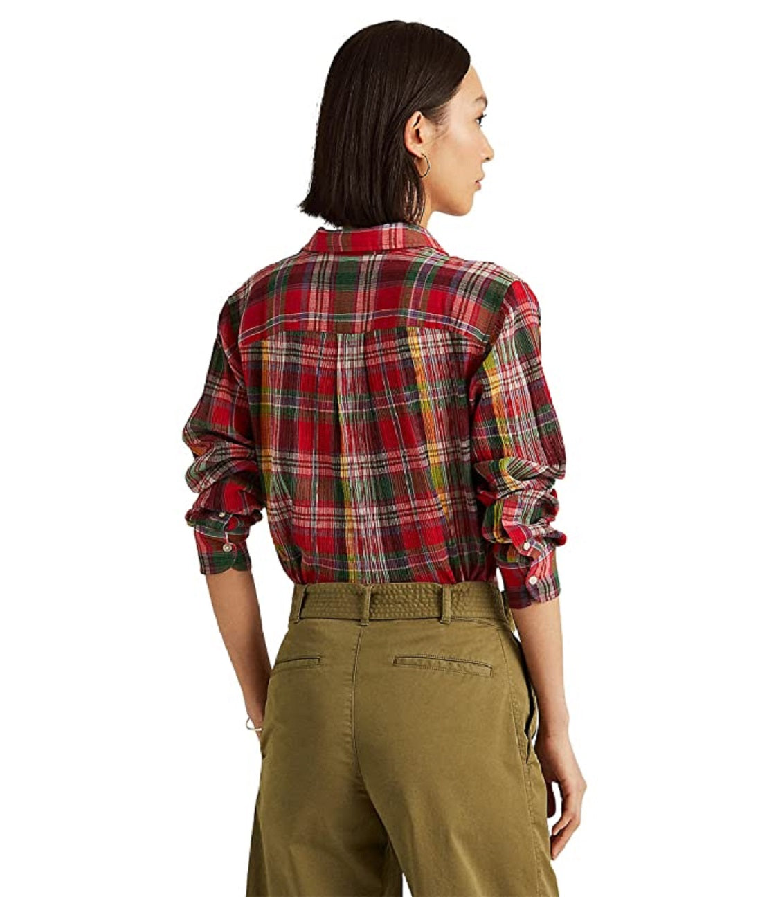 Ralph Lauren Women's Plaid Crinkle Cotton Shirt Red Size Large