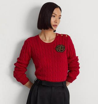 Ralph Lauren Women's Button Trim Cable Knit Sweater Red