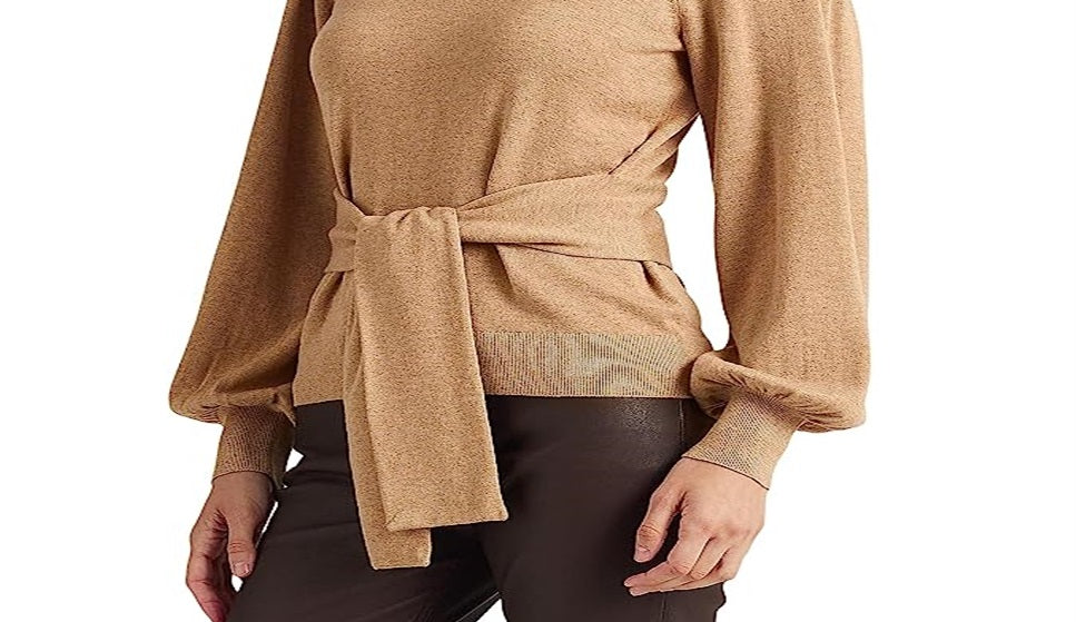 Ralph Lauren Women's Belted Cotton Blend Sweater Brown Size Large