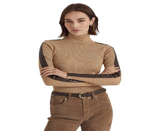 Ralph Lauren Women's Faux Leather Trim Turtleneck Sweater Brown Size Large