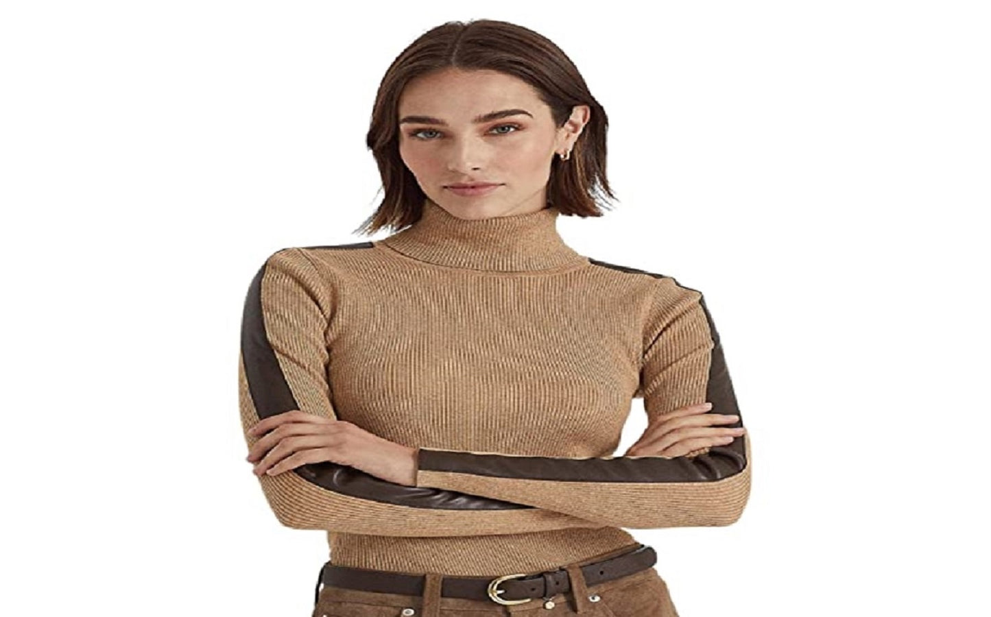 Ralph Lauren Women's Faux Leather Trim Turtleneck Sweater Brown Size Large